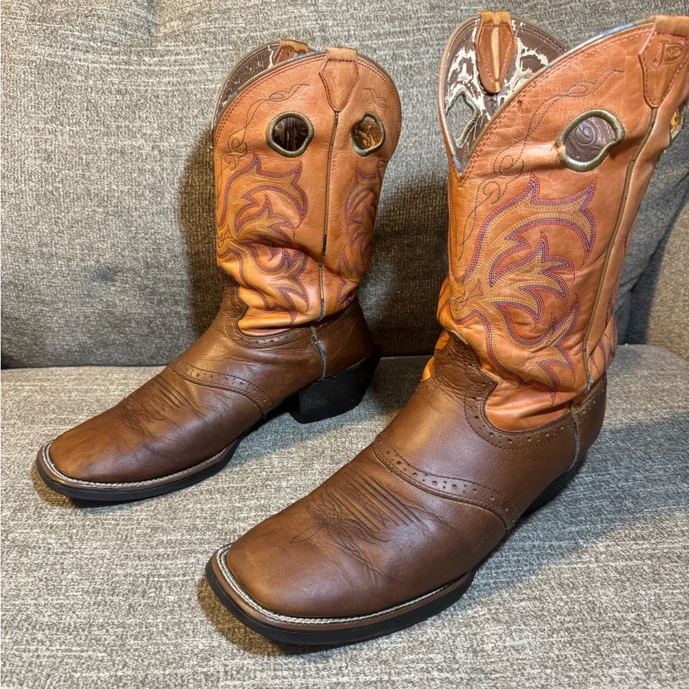 Justin Square Toe Men's Brown & Orange Western Cowboy Boots Size 12D - Picture 2 of 12